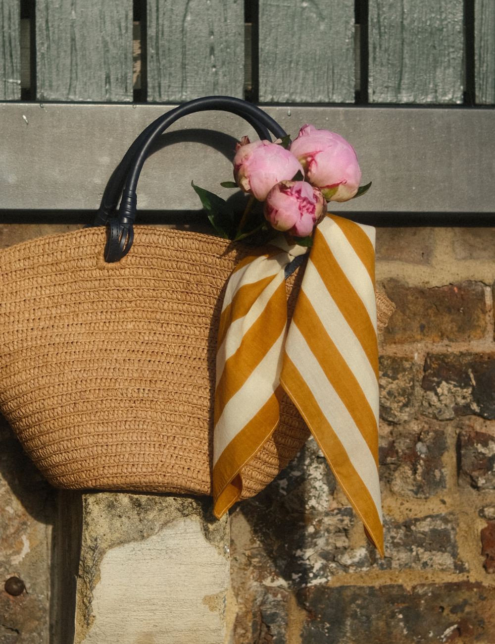 Camel striped square cotton scarf