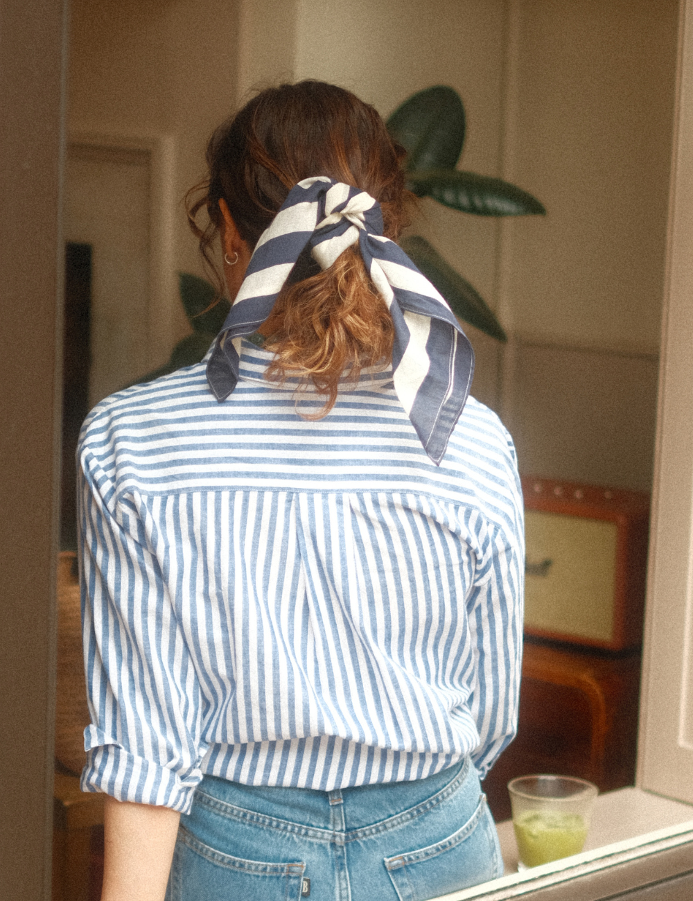 Navy striped square cotton scarf